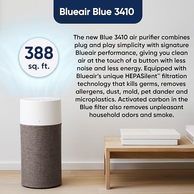 BLUEAIR Bedroom Air Purifier, Air Cleaner Dust Pet Dander Smoke Mold Pollen Bacteria Virus Allergen, Odor Removal, for Home Office Kitchen, Washable Pre Filter, HEPASilent, Medium Room, Blue 311 Auto