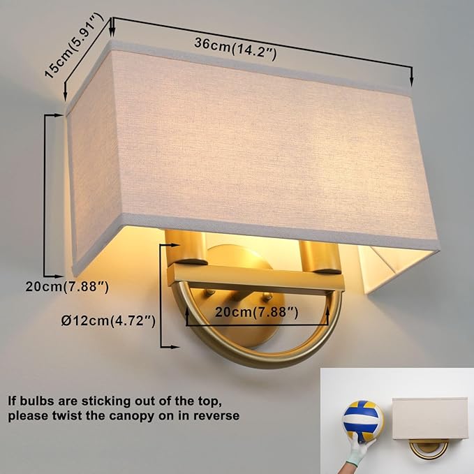 Yosoan Linen Fabric Cloth Boho Gold Brass Wall Sconce Stairwell Fixture Light, 2-Light Indoor Hardwired Dual Vanity Wall Mount Vintage Antique Metal Base Lights Square Fabric Shade for Bedside Hallway