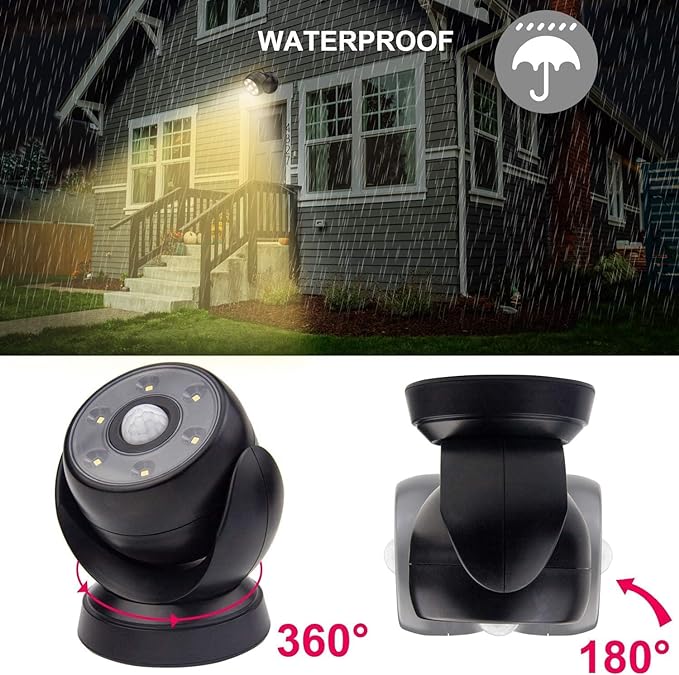 BIGLIGHT Battery Operated Motion Sensor Spotlight, Wireless LED Flood Light Indoor Outdoor, Waterproof Security Lighting, Bright Uplight for Wall Front Door Shed Hallway Bathroom Porch, 200 Lumen