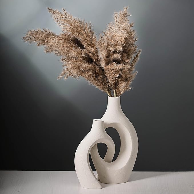 Extra Large Hollow Nordic Modern Ceramic Vases Set of 2, Milky White Aesthetic Round Donut Boho ins Style Flower Decorative Vase for Room Home Book Shelf Table Decor (Matte W 8" X H 11")