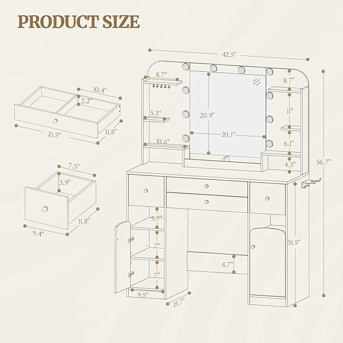 Vanity Desk with Mirror, Makeup Vanity with Led Lights,Dressing Table with Power Strip, 4 Drawers, 42.5'' Large Tabletop, 2 Open Storage Cabinets, with Jewelry Storage, White