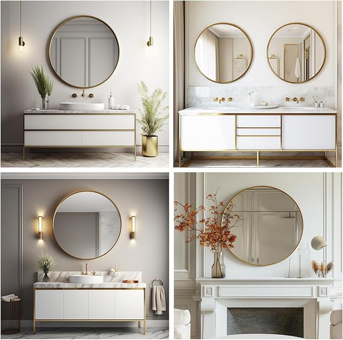 Gold Circle Mirror, Round Mirror 22 inch, Gold Wall Mirrors Metal Frame, Circle Mirrors for Bathroom, Bedroom, Living Room, Entryway.