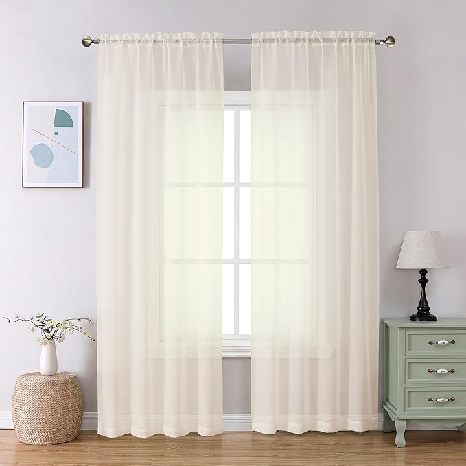 Aiyufeng Cream Sheer Curtains 84 Inches Long 2 Panels Set for Living Room, Light Filtering Green Window Sheer Drapes for Bedroom, Each 42" W x 84" L