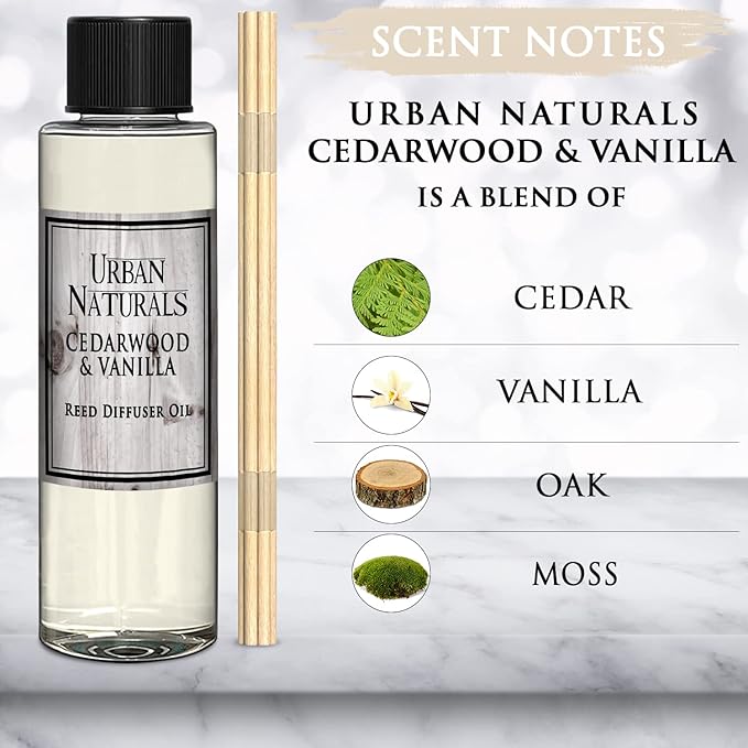 Urban Naturals Reed Diffuser Oil Refill, Cedarwood Vanilla Fragrance Oil with Oak, Cedar, Vanilla, 4 oz + Free Reed Sticks, Made in the USA