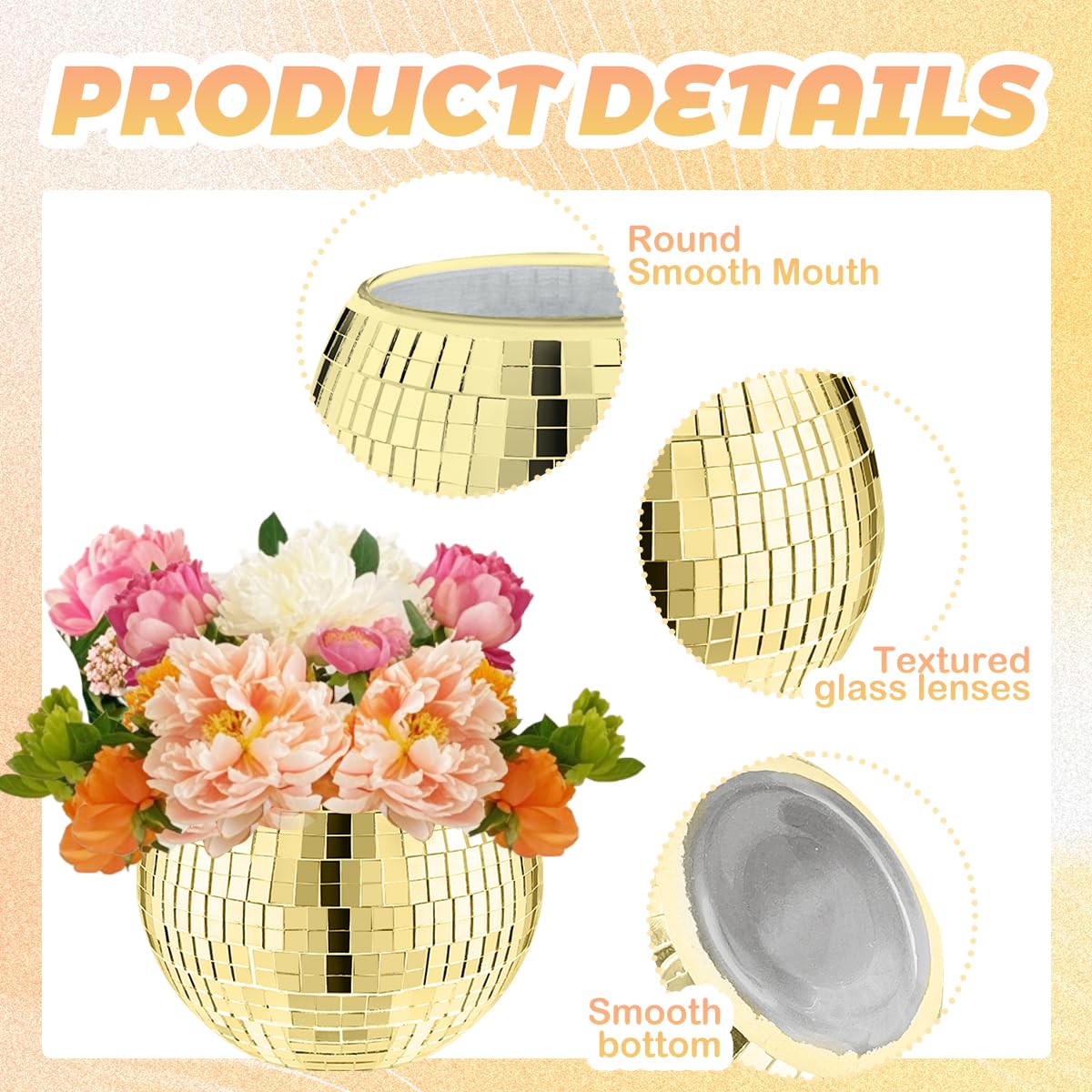 Disco Ball Vase Gold Mosaic Glass Mirror Ball Planter Disco Ball Planter for Centerpieces Disco Ball Decor Flower Vase with Silver Mirror Glass for Wedding Party Birthday, Disco Decor (5" X 6"")"
