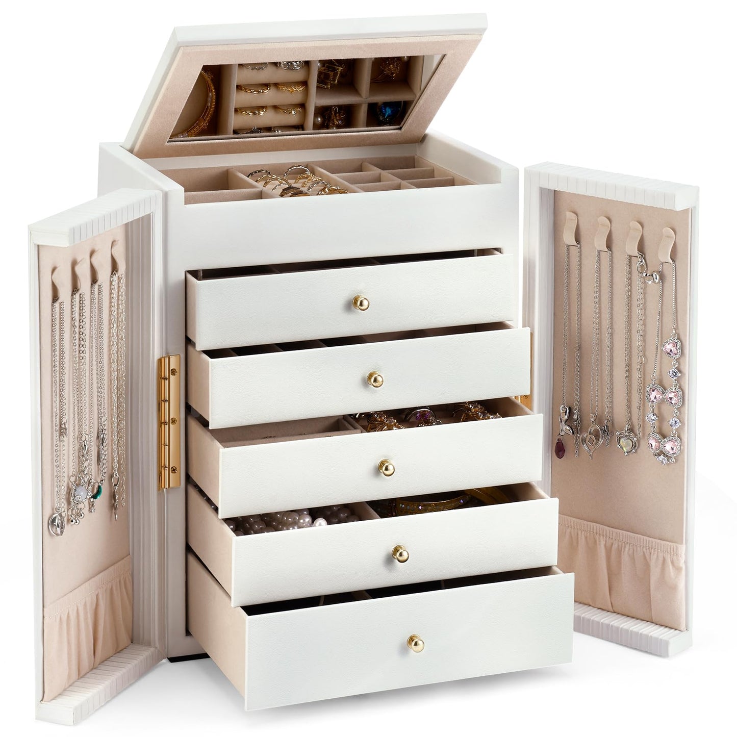 Dajasan Large Jewelry Organizer Box, Jewelry Boxes for Women Girls, 6-Tier Jewelry Storage Organizer with Mirror for Necklace Ring Bracelet Watch, Gift Idea (White)