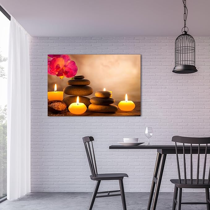 Zen Wall Art Decor, Modern Bathroom Zen Decor Wall Art, Zen Relaxing Canvas Wall Art for Spa Room Decor, Black Pebble and Lighted Candles Zen Art Prints for Office & Spa Wall Decor 24x36 Inches