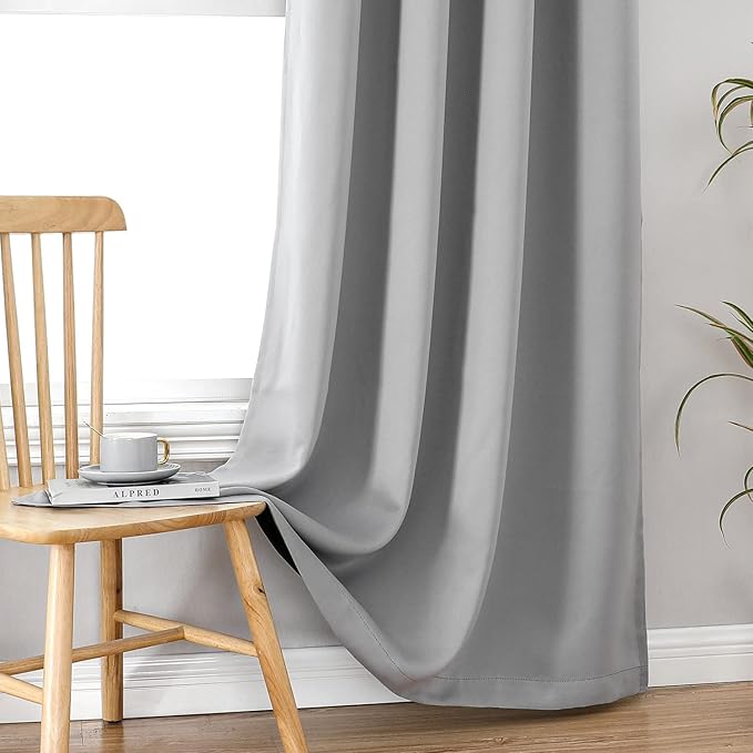 ChrisDowa 100% Blackout Curtains for Bedroom with Black Liner, 2 Thick Layers Total Blackout Thermal Insulated Grommet Small Window Curtains 45 Inch Length 2 Panels Set (Light Grey, 42 x 45 Inch)