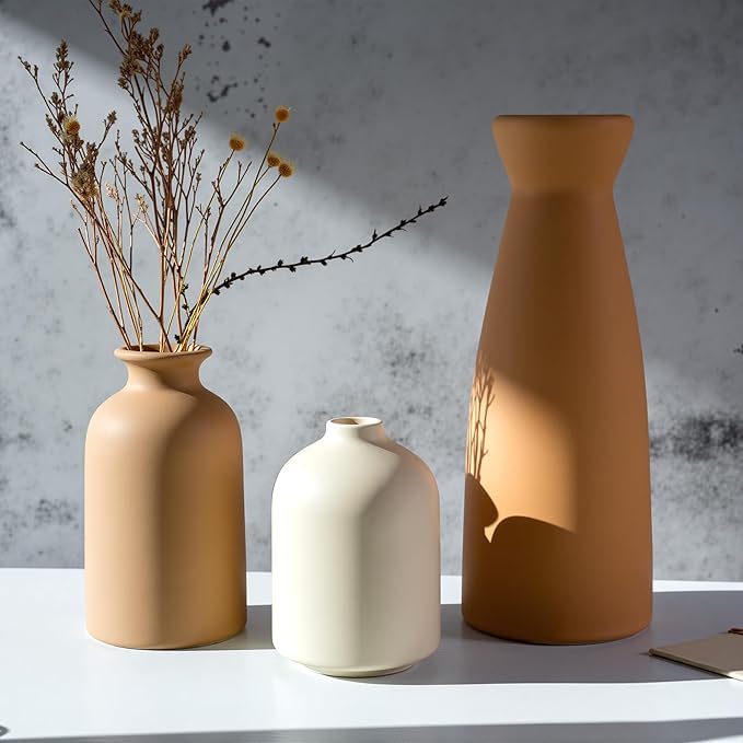 Ceramic Small Vase Set of 3,Modern Boho Farmhouse Home Decor,Pampas Grass Vase,Minimalist Decor,for Entryway Table,Bookshelf,Living Room, Bedroom,Kitchen,Coffee Table Decoration