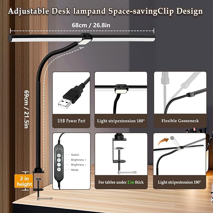 LED Desk Lamp for Home Office,Eye-Caring Desk Light with Reduced Blue Spectrum, Dual Screen Computer Monitor Table Light,30 Lighting Models,Adjustable Flexible Gooseneck Desk Lamp for Study