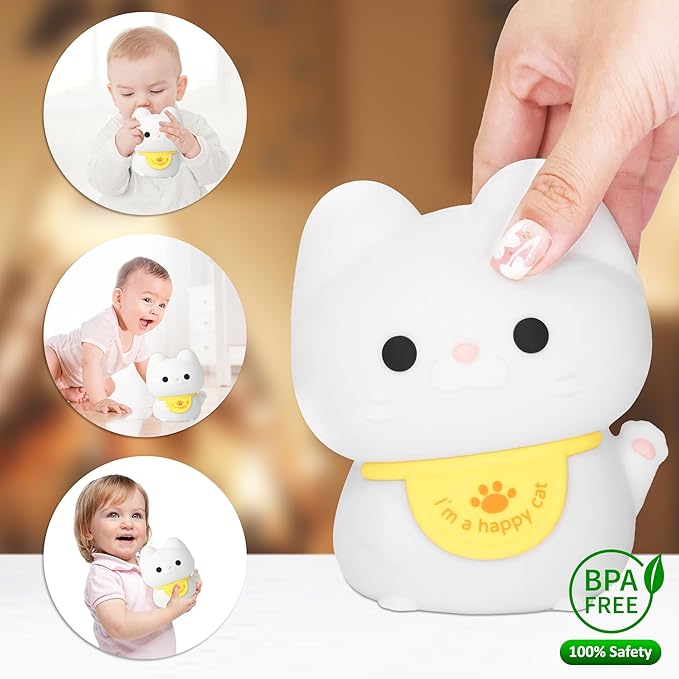Attivolife Cute Cat Night Light for Kids, Animal Kitty Silicone Touch LED Lamp with Dimmable Timer, USB Rechargeable Toddler Feeding Bedroom Bedside Decor Birthday Xmas Gifts for Girls Baby