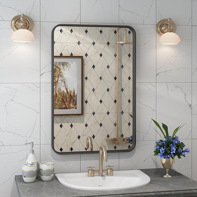 16x24 Bronze Bathroom Mirror, Rounded Rectangle Bronze Frame Mirror, Brushed Bronze Bathroom Vanity Mirror Wall-Mounted, Anti-Rust, Hangs Horizontally or Vertically