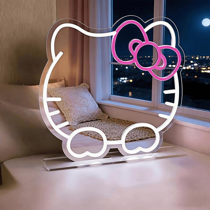 Hello Kit Mirror with Light Neon Signs for Room Decor, USB Powered Cute Cat LED Lights, Teen Girl Best Gift, Makeup Mirror Neon Sign Wall Decor (White)