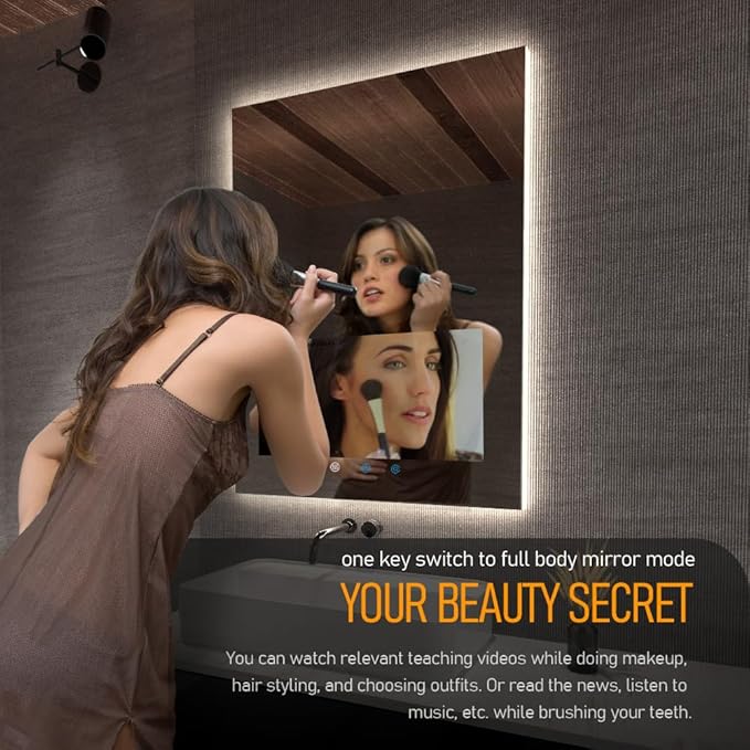 32"x24" Smart Waterproof Anti-Fog Vanity Mirror with Built-in 21.5" Touch Display, Android OS, Adjustable 3-Color LED, Bluetooth/WiFi/HDMI, Streaming Apps for Bathroom & Bedroom