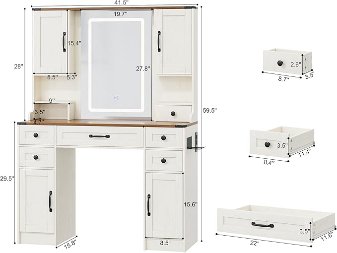 NUNU LAB 42 Inchs Large Vanity Desk with Mirror and Lights with 6 Drawers and 4 Cabinets, Big Women Makeup Table with Power Outlet, 3-Color Adjustable Lighting for Bedroom Brown
