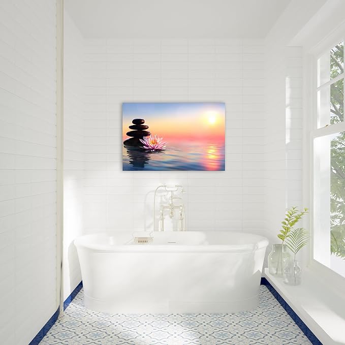 GUTTATY Zen Wall Art Decor, Modern Bathroom Zen Decor Wall Art, Canvas Wall Art for SPA Zen Room Decor, Pink Lotus Flower and Pebble Relaxing Zen Art Prints for Office & SPA Wall Decor 12x18 Inches