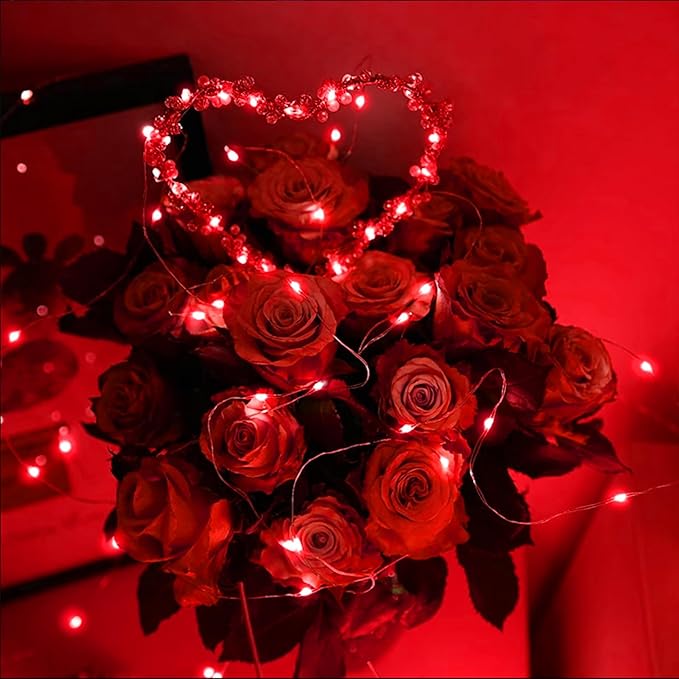 LAMPHOME 100 LED 33FT Red Valentine Lights, Valentine's Day Fairy Lights Battery Operated, Twinkle String Light Multi Functions & Timer with Remote for Christmas Bedroom Wedding DIY Centerpiece Decor