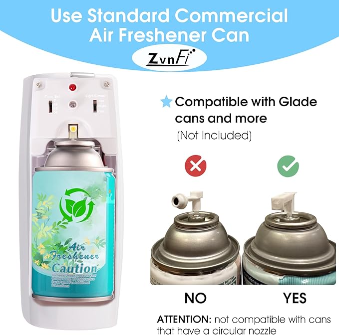 Automatic Air Freshener Spray Dispenser ZvnFi,Custom Timing (Day/Night/24H, 5/10/15/30 min interval),Wall Mounted or Free Standing,for Home and Commercial,Compatible with Glade Refill Can,White