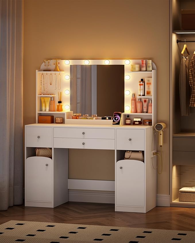 Vanity Desk with Mirror, Makeup Vanity with Led Lights,Dressing Table with Power Strip, 4 Drawers, 42.5'' Large Tabletop, 2 Open Storage Cabinets, with Jewelry Storage, White