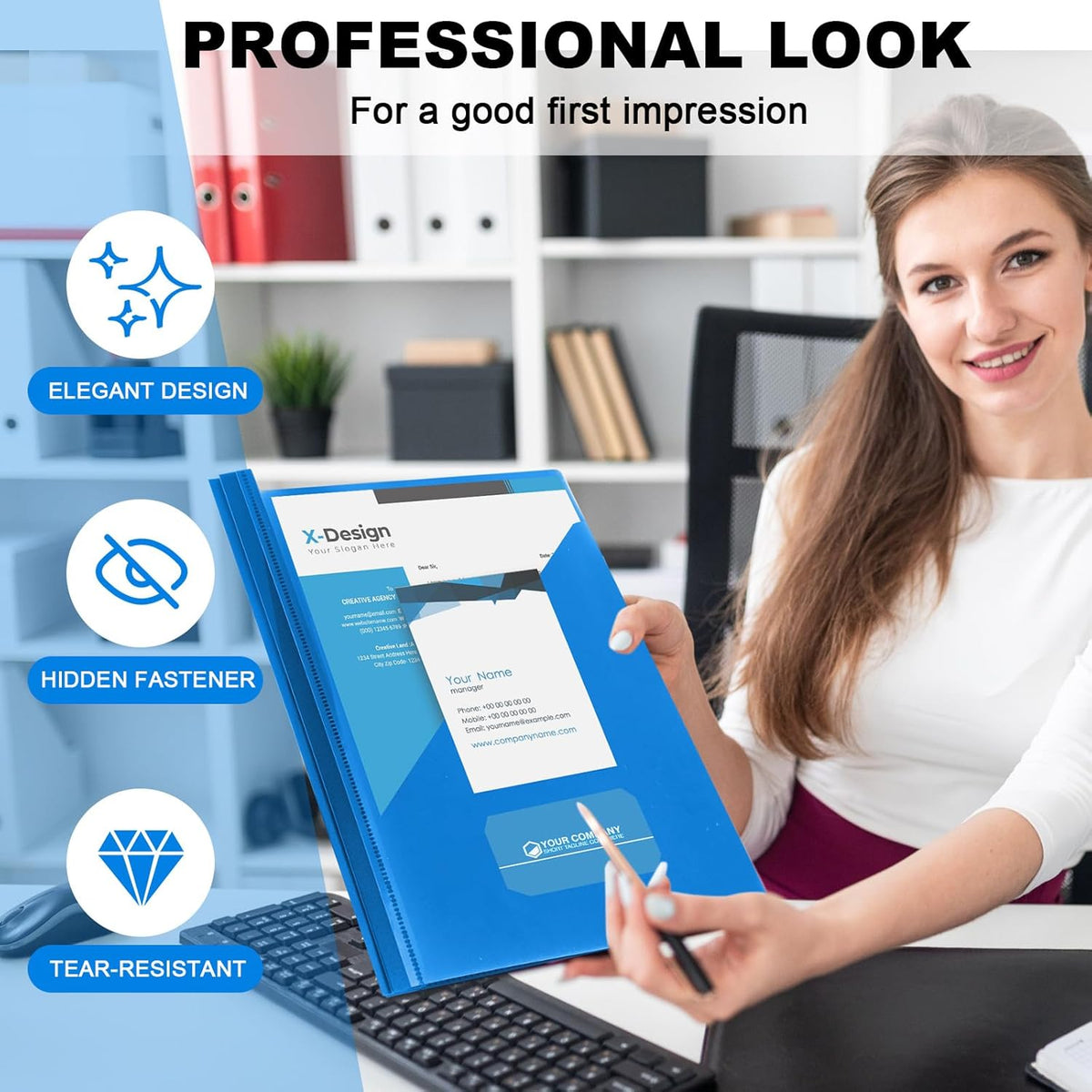 Teling 48 Pcs Clear Front Report Covers with 3 Prongs Fasteners, 11.42 x 9.45 Inch Plastic Book File Covers 90 Sheet Capacity, Presentation Folder with Blue Back Cover for Office Business