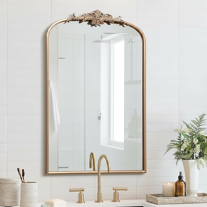 Besdomus Large Antique Wall Mirror: 24"x36" Arched Champagne Gold Vintage Wall Mounted Mirror - Traditional Ornate Home Decor for Entryway/Bedroom/Bathroom - Baroque Idea for Housewife