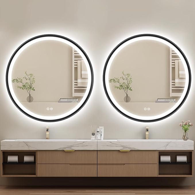 S'bagno 24'' Round Black LED Mirror for Bathroom with Frontlit & Backlit, Metal Frame, Anti-Fog, Stepless Dimmable, 3 Colors Temperature Vanity Mirror