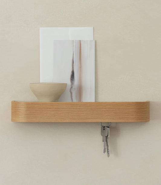 Kazai. Key Holder 'Toke' | Minimalist Key Hook Design from Berlin | Modern Key Holder Wall Mount with Wooden Shelf | Key Rack for Wall as Entryway Organizer | Oak