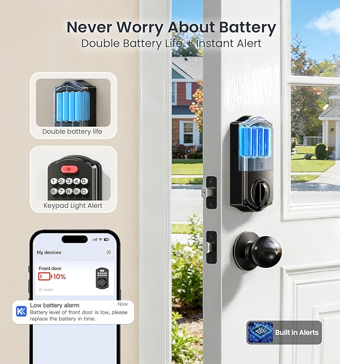 Veise VE012W-K Built-in WiFi Fingerprint Smart Lock with 2 Knobs, No Hub Needed, Remote APP Control, Keyless Entry Door Lock, Smart Deadbolt for Front Door, Auto Locking, Matte Black