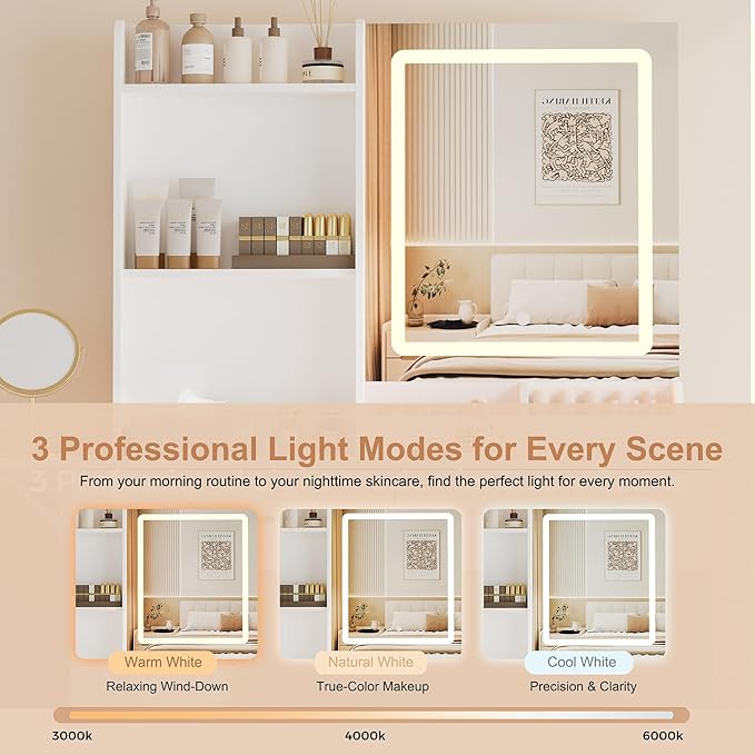 Vanity Desk with Mirror and Lights, 43.31" 4-Drawers Makeup Table Without Stool, Extra Foldable Desk with 3 Open Shelves Dressing Table for Girls and Ladies Bedroom, White and Gold