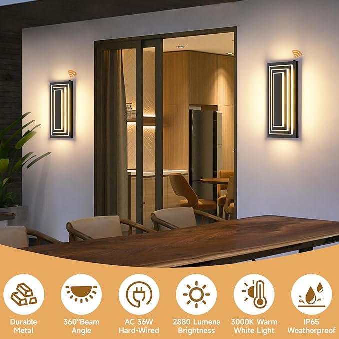 Dusk To Dawn Led Outdoor Wall Light, 3 Tier Modern Exterior Lights For House, 15.7 IN Black Outdoor Porch Lights Wall Mount, 24W Warm White Outside Light Fixtures For Patio, Front Door, 1 Pack