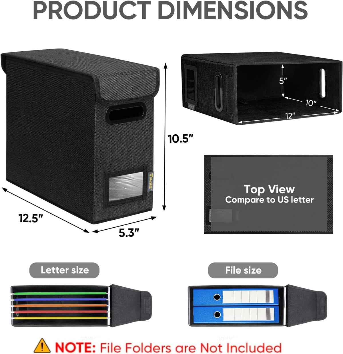 BALEINE File Organizer Box with Lid, Collapsible File Folder Organizer with Plastic Slide, Hanging File Folder Box for Office Document Storage (2 Pack, Black, S)