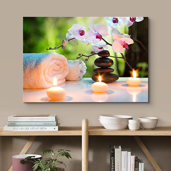 wall26 Canvas Print Wall Art Massage Stones, Candles & Orchid Flowers Floral Botanical Photography Realism Tropical Zen Colorful Ultra for Living Room, Bedroom, Office - 24"x36"