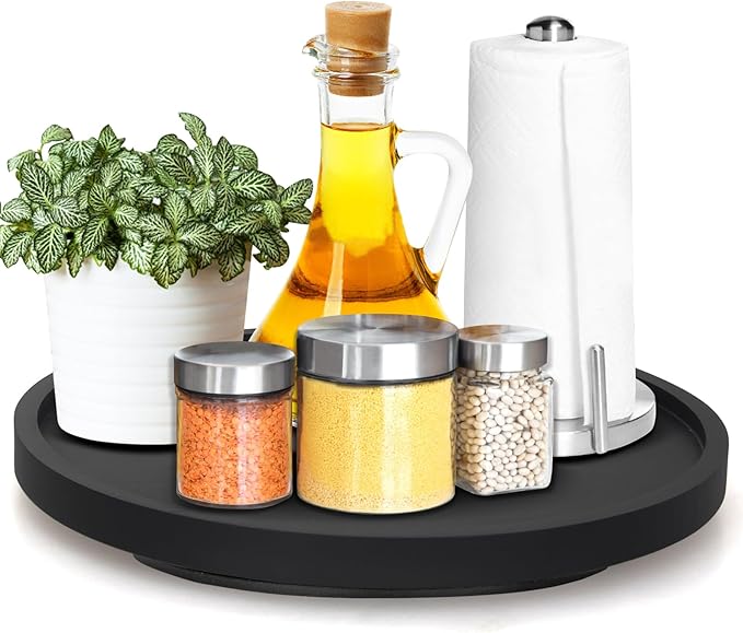 Black Wooden Lazy Susan Turntable Organizer Cabinet Round Bathroom Vanity Rotating Tray 10" Small Lazy Susans for Dining Table Top Kitchen Countertop Decor Tray Wood Lazy Susan Coffee Bar Accessories