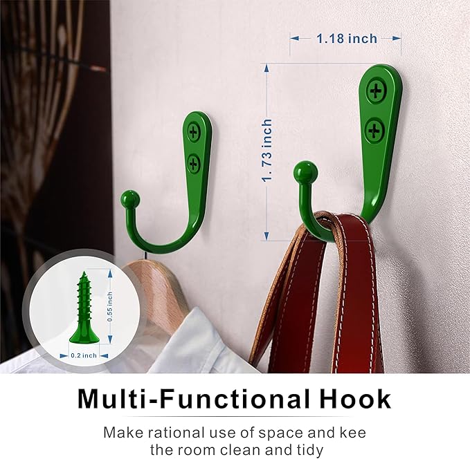 15 Pcs Coat Hooks, Hanger Hook with 30 Pieces Screws for Hanging Hat, Towel, Key, Robe, Coats, Scarf, Bag, Cap, Coffee Cup, Mugs(Green)