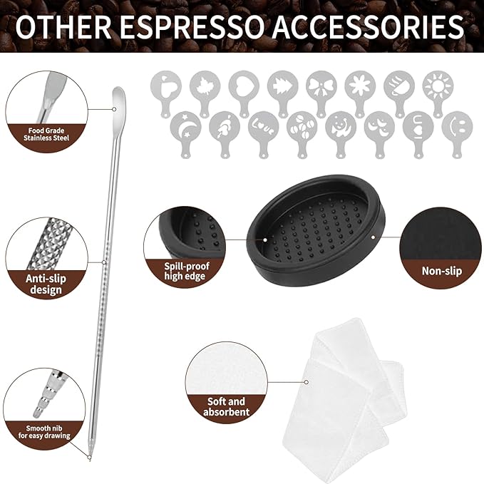 58.5mm,Espresso Accessories Kit, 24PCS Coffee Tamper Set ， Barista Kit, WDT Tool,stainlesss Frothing Pitcher, Stirrer, Tamper Mat, Latte Art Pen ， Coffee puck screen