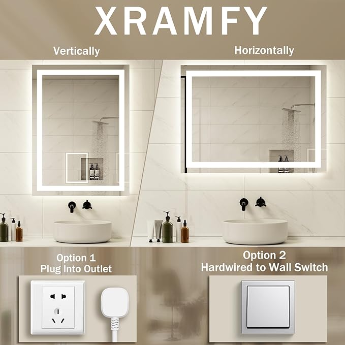 32'' x 24'' LED Bathroom Mirror with Lights, Wall Mirror with Front and Backlight, 3 Colors Vanity Mirror with Lights, Anti-Fog Wall Mirror for Bathroom