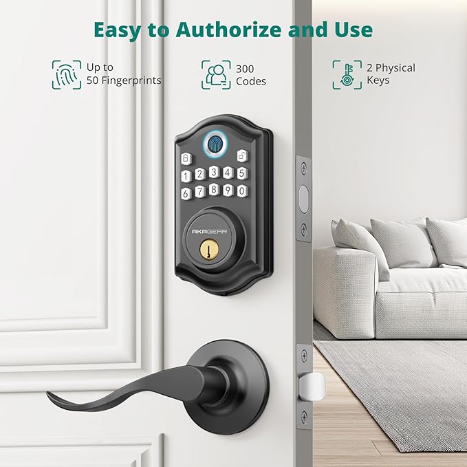 DS10 Keyless Entry Door Lock with 2 Lever Handle, Fingerprint, Keypad Code, 2 Keys, Smart Locks for Front Door, Bedroom, One-time Code, Auto-Lock, Easy Installation -Matte Black