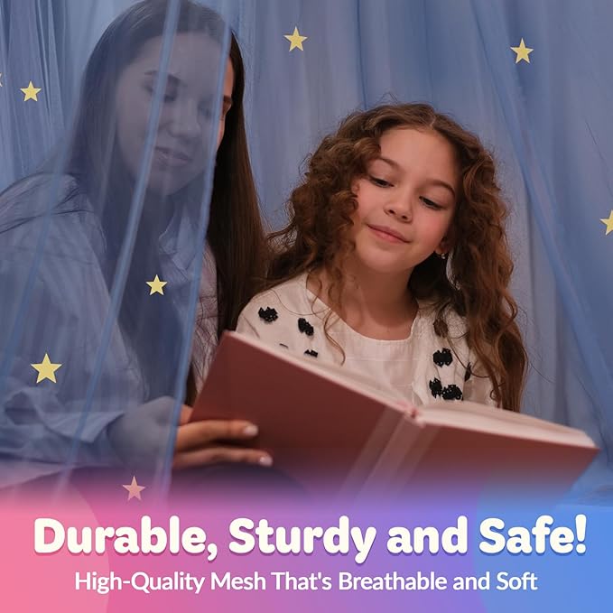 Blue Canopy Bed, Blue Bed Canopy with Glow in The Dark Stars for Girls, Boys, Kids and Babies, Net Use to Cover The Baby, Kid, Girls Or Full Size Bed, Fire Retardant Fabric