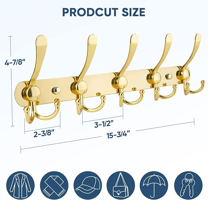 TICONN Wall Mounted Coat Rack, Five Heavy Duty Tri Hooks All Metal Construction for Jacket Coat Hat in Mudroom Entryway (Gold, 2-Pack)