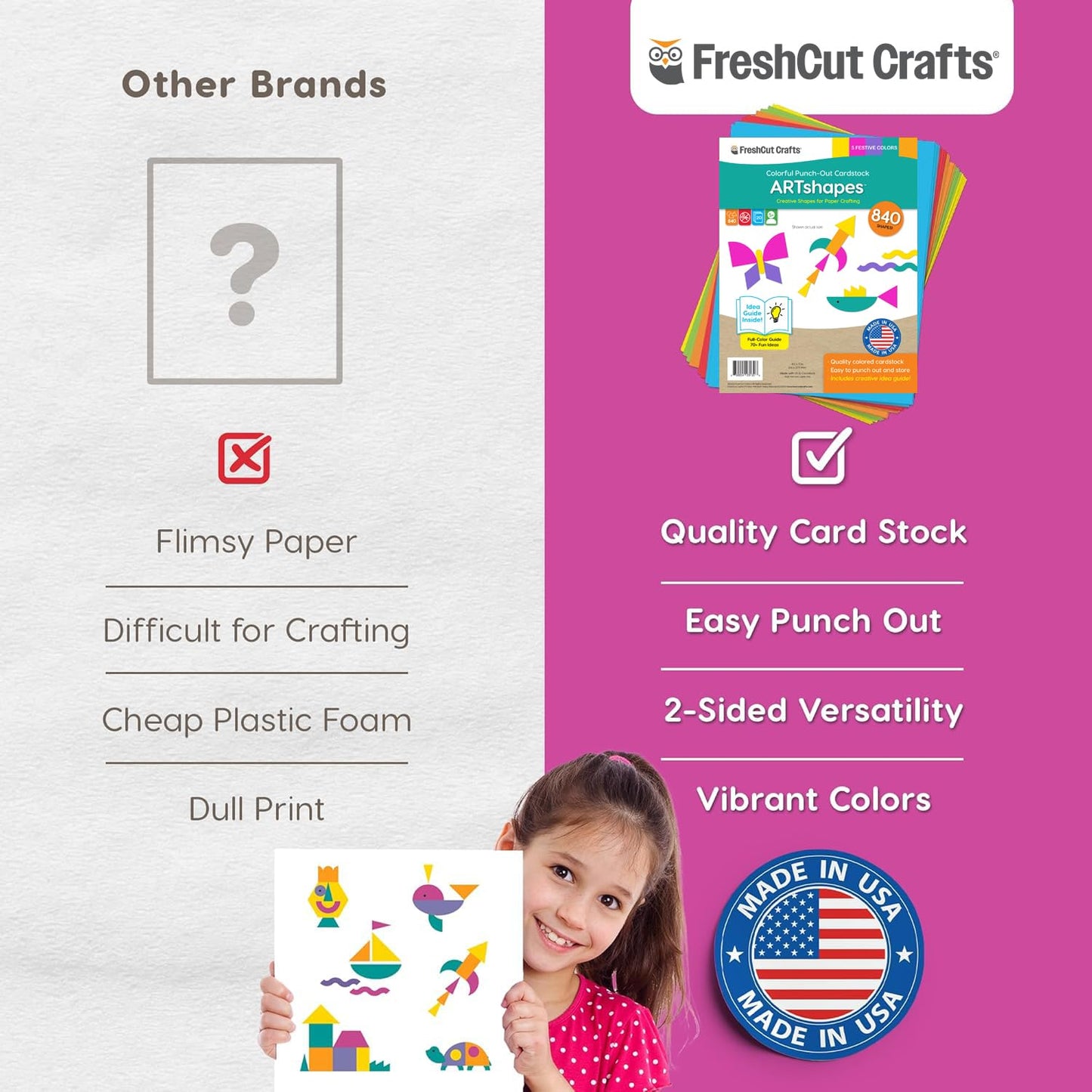 ARTshapes 840 pc Creative Paper Shapes Pack with 70+ Idea Guide - US Made Card Stock - Punch Out Funky DIY Craft Supplies for Whimsical Art Designs, Paper Crafts, and Pattern Play 5 Festive Colors