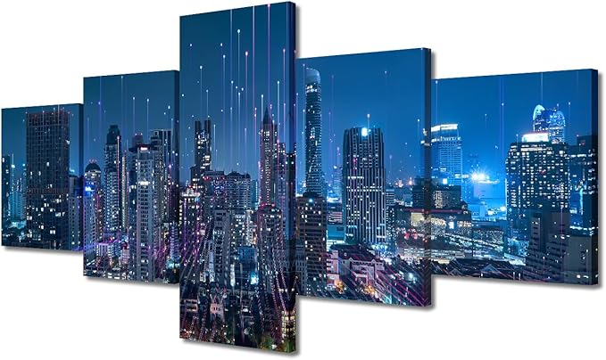 Canvas Wall Art Modern City Poster Printing Men Home Canvas Decoration Connection Concept Picture 5 Panel Abstract Point Poster Internet Workers Home Decoration Stretched Ready to Hang 50x24 Inch