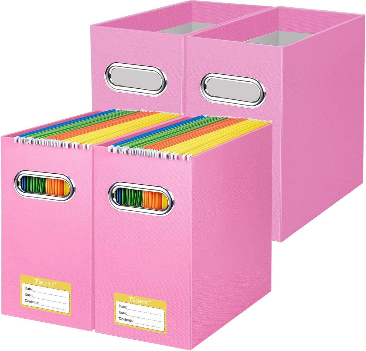 BALEINE File Organizer Box, Cardboard File Folder Organizer with Handle for Letter Size, Portable Collapsible Hanging Filing Box for Home Office Document Storage (4 Pack, Pink)
