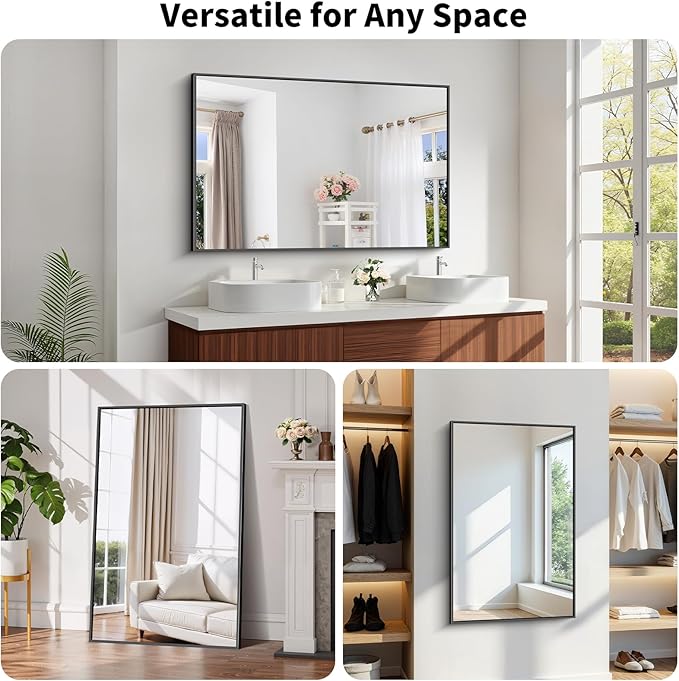 Koonmi Black Framed Bathroom Mirror - Shatterproof 30"x48" Tempered Glass, HD No Distortion, Horizontal/Vertical Mount, Modern Matte Aluminum Alloy Frame