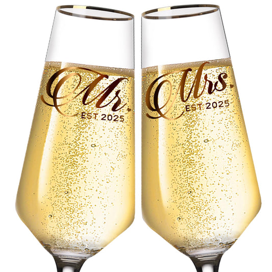 comfit Mr and Mrs Champagne Glasses Set of 2, Long Stem Wedding Champagne Flutes 2025, Bride and Groom Toasting Crystal Glass Set,Engagement Gifts for Couples, Newlyweds, Anniversary,8.5oz