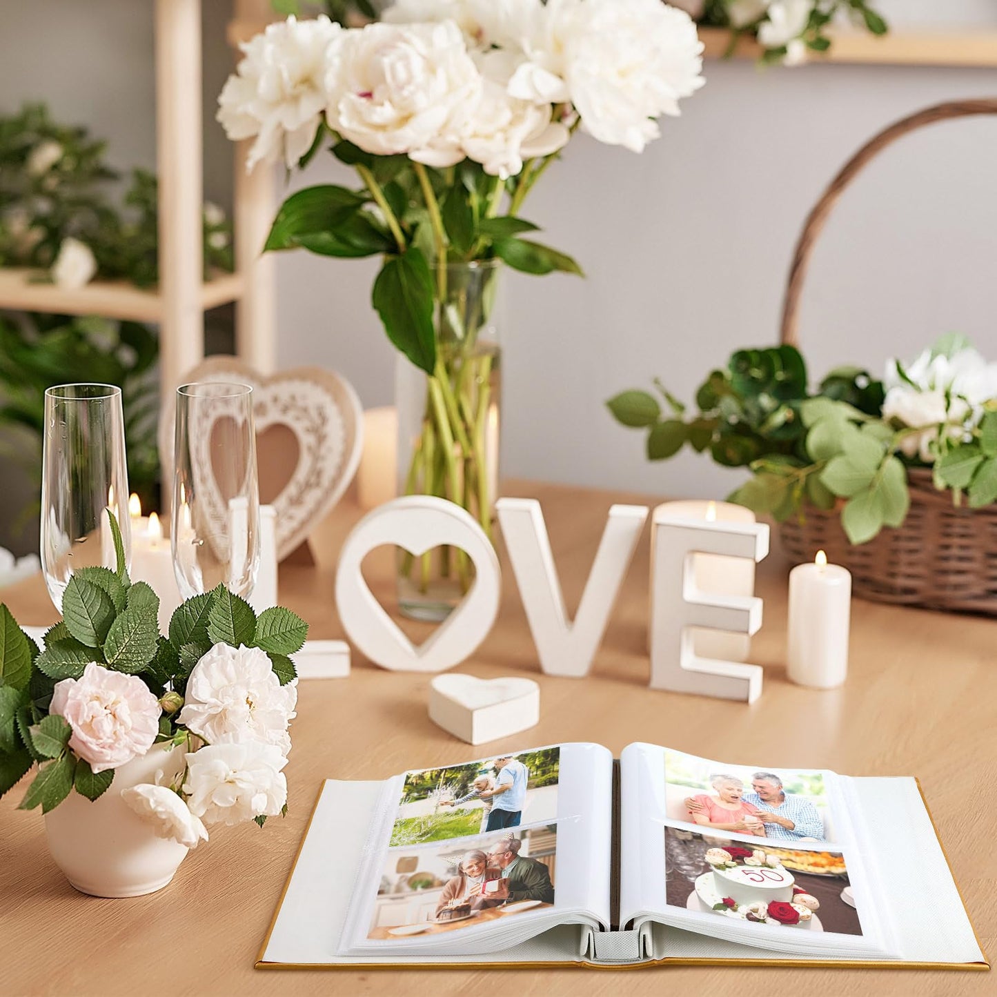 Dunzoom Memory Photo Album Holds 200 Pcs 4 x 6 Inch Leather Wedding Anniversary Family Photo Album with Front Window Double Heart Memory Scrapbook for Couple Gifts(50th Anniversary)