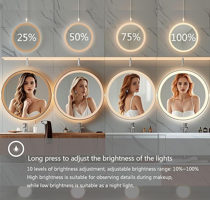 Wall-Mounted Round Bathroom Mirror with LED-Lights - Frame Vanity Mirrors (28" x 28", Black)