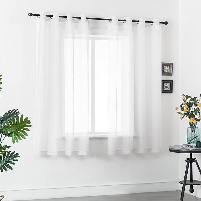 DUALIFE White Sheer Curtains 54 Inch Length with Grommet,Look Semi Sheer Windows Panels,Elegant Solid Color Touch Soft Drapes, 52X54 Inch for Living Room Bedroom,Set of 2 Panels