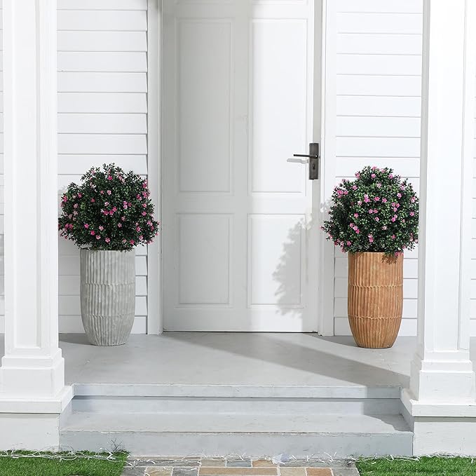 Yunlly Set of 2 Artificial Boxwood Topiary Ball Tree Fake Bushes Shrubs Outdoor Faux Plant with Ground Spike Flowers UV Resistance Greenery for Front Porch Garden Patio Indoor(Pink,27x18inch)