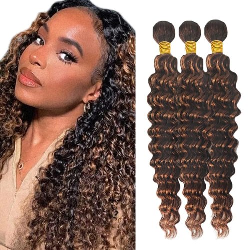 Giginger Bundles Human Hair Deep Wave Human Hair Bundles 20 22 24 Inch Brazilian Chocolate Brown Highlight P4/30 Unprocessed Quick Weave Soft Sewn In Hair Extensions for Black Women
