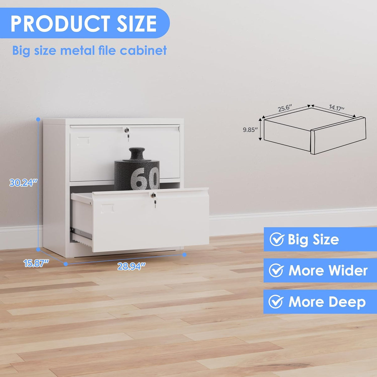 Aobabo 2 Drawer Wide Lateral File Cabinet, Metal Filing Cabinet with Lock, Suitable for Home Office School Hanging Files Letter/Legal/F4/A4 Size,White,Required-Assembly,15.87" D x 28.94" W x 30.24" H